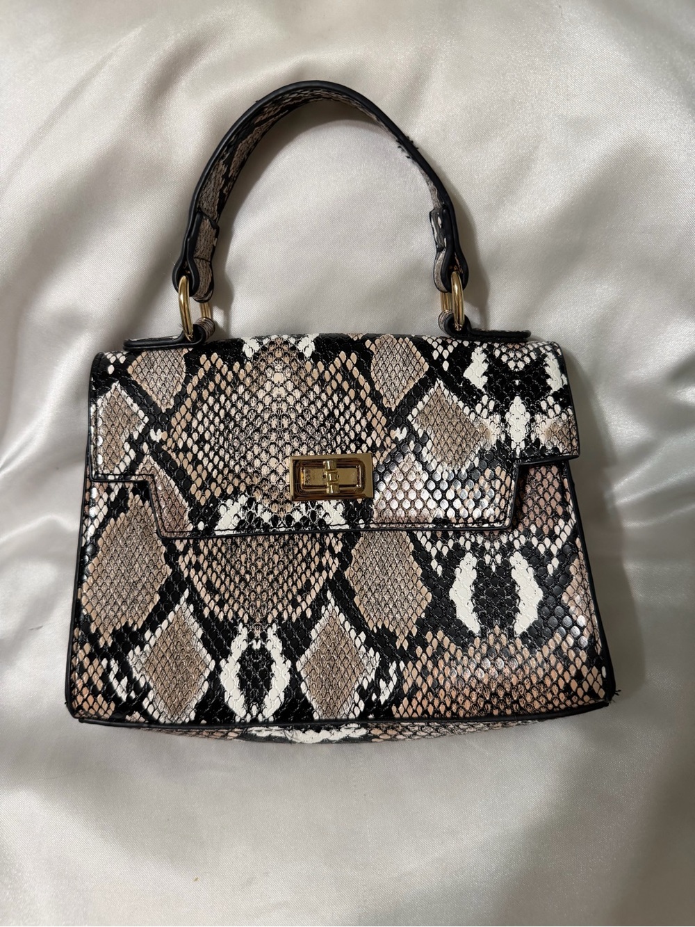 Snake-Print Top Handle Satchel in Beige/Black